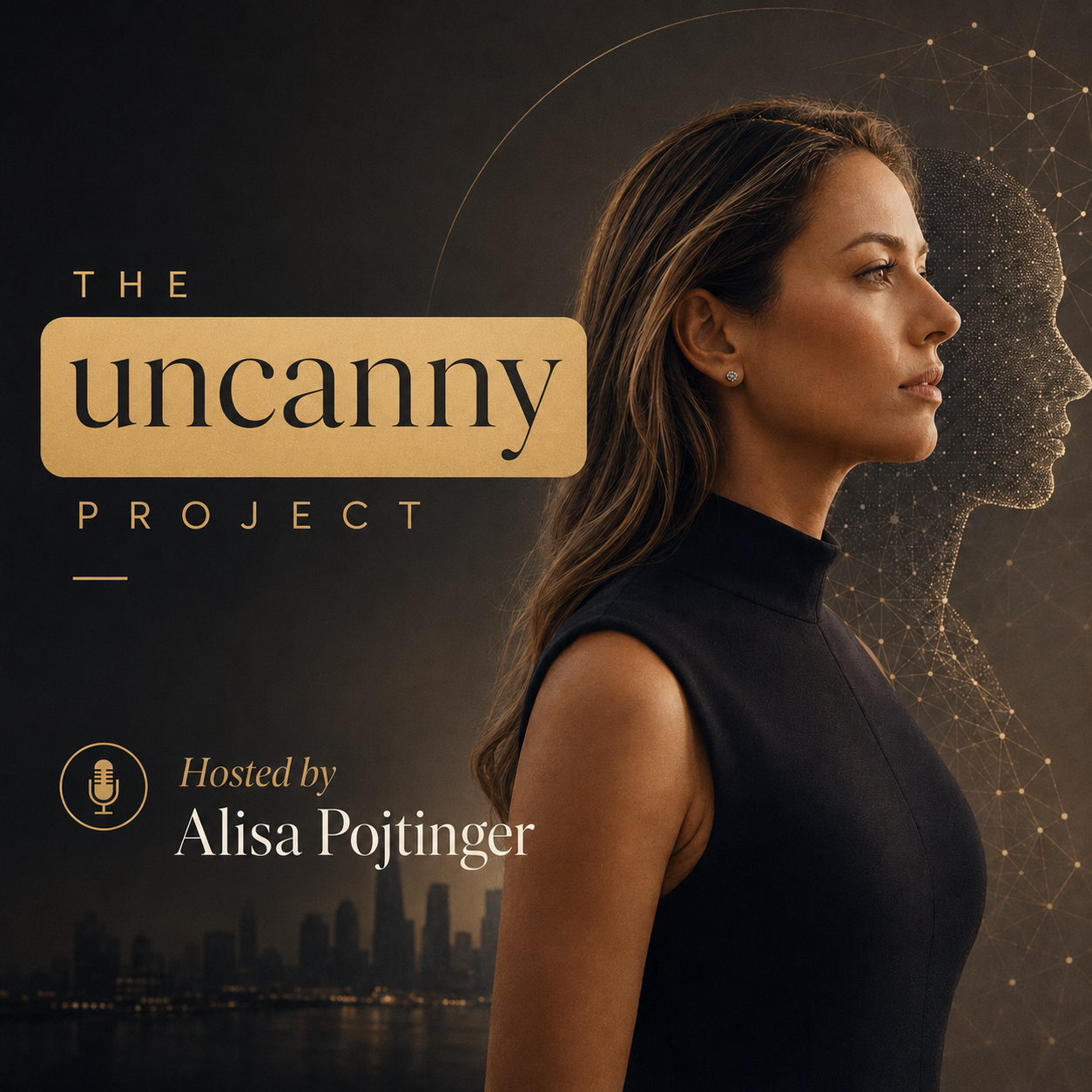Dark gold cover artwork for The Uncanny Project, showing host Alisa Pojtinger in profile beside an abstract digital human figure